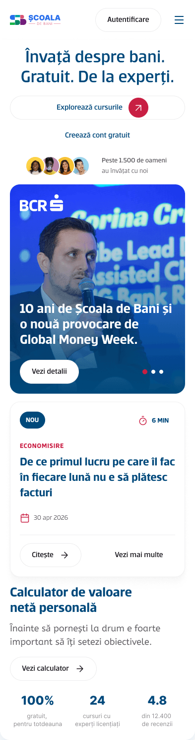 Previzualizare aplicație web Școala de Bani
